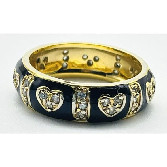 Black Enamel Rhinestone Hearts Ring Gold Tone Classic Commitment Wedding Band - Picture 1 of 6
